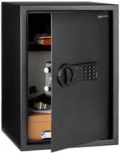 Black steel security safe with door open, showing interior compartments and keypad lock