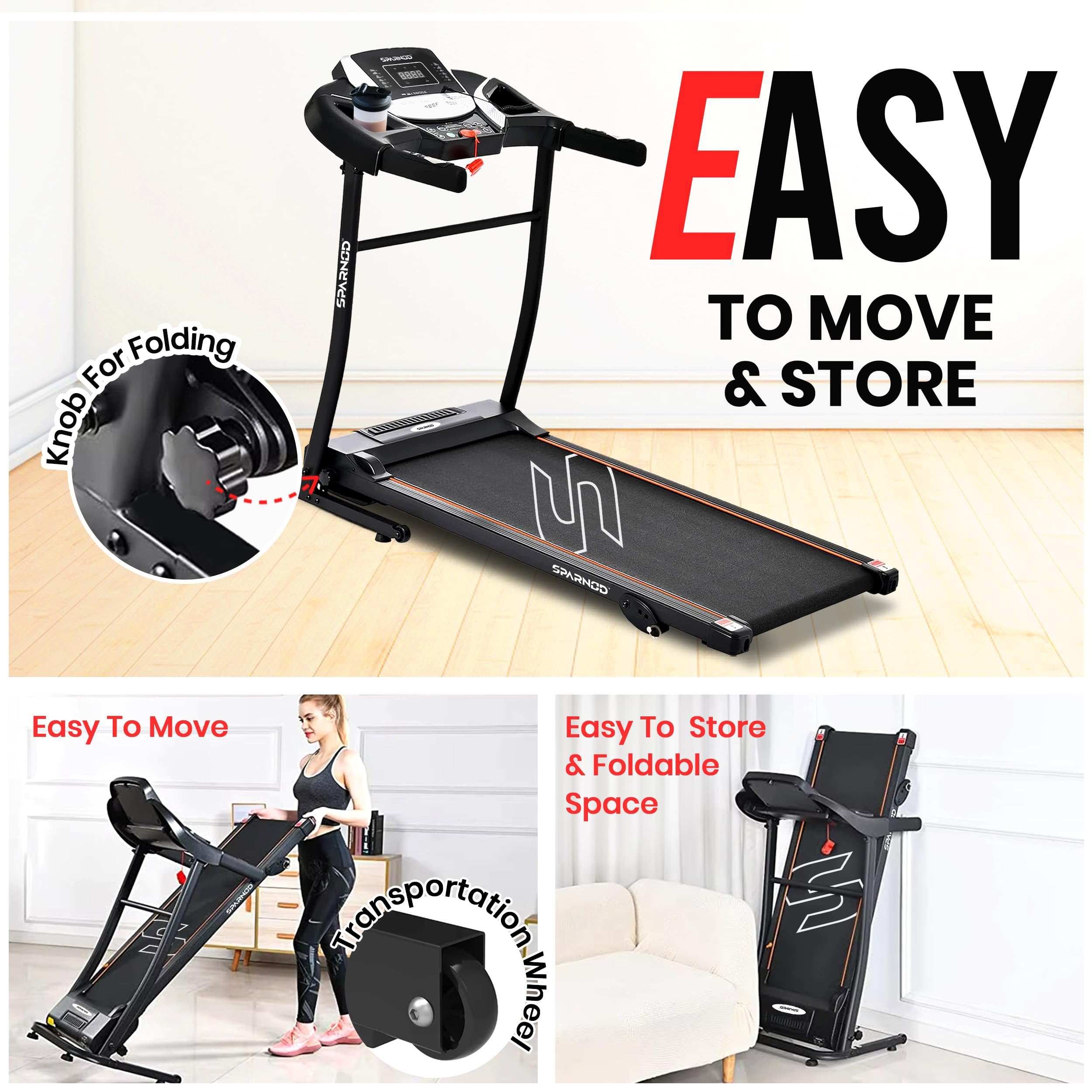 Sparnod Fitness STH-1200 Foldable Motorized Treadmill for Home Use (4 HP Peak) with 12 Pre-set Programs, Hi-Fi Speaker, Safety Key, Maximum User Weight of 110 Kg, جهاز مشي قابل للطي