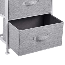 Open grey fabric drawer of a 4-drawer storage organizer with handle
