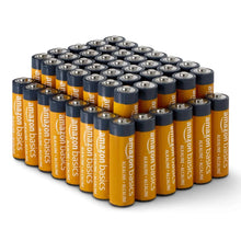 Stack of AA alkaline batteries, orange bodies with blue caps and metal terminals