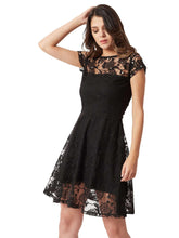 Black lace bodycon knee-length dress with short sleeves and flared skirt