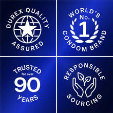 Durex condom quality badges including No. 1 brand, trusted 90 years, responsible sourcing