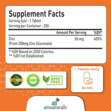 Aitnaturals Zinc 50 mg Supplement Facts, 50 mg per serving, 1 tablet daily, 250 tablets