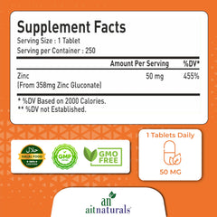 Aitnaturals Zinc Chelated (50mg) - 250 Tablets | Supports Immune System, Antioxidant Health, Restful Sleep, Reduces Oxidative Stress, Enhances Cognitive Function | Zinc for Overall Well-being