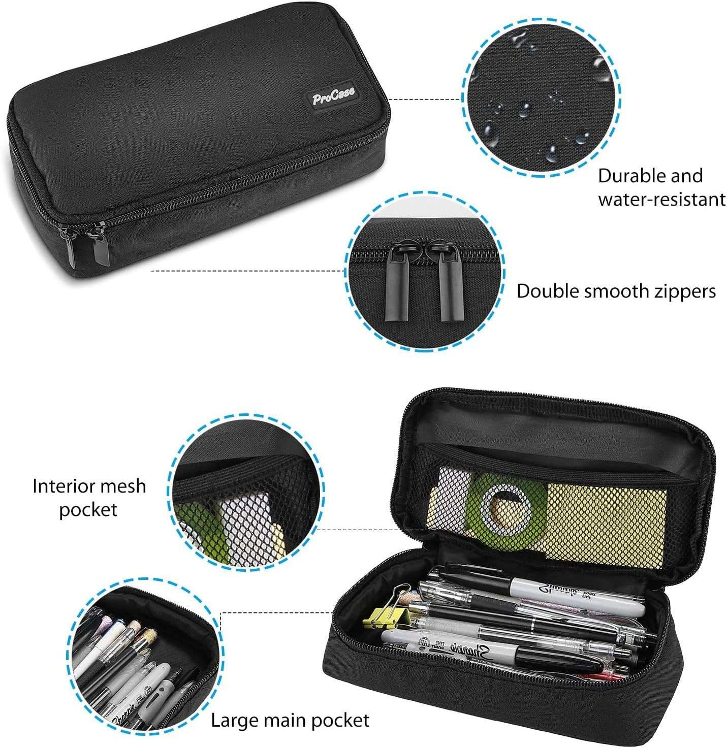 ProCase Pencil Bag Pen Case, Large Capacity Students Stationery Pouch Pencil Holder Desk Organizer with Double Zipper, Portable Pencil Pouch for School Office Supplies –Black
