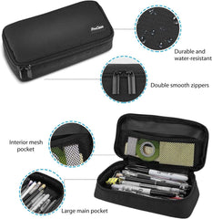 ProCase Pencil Bag Pen Case, Large Capacity Students Stationery Pouch Pencil Holder Desk Organizer with Double Zipper, Portable Pencil Pouch for School Office Supplies –Black