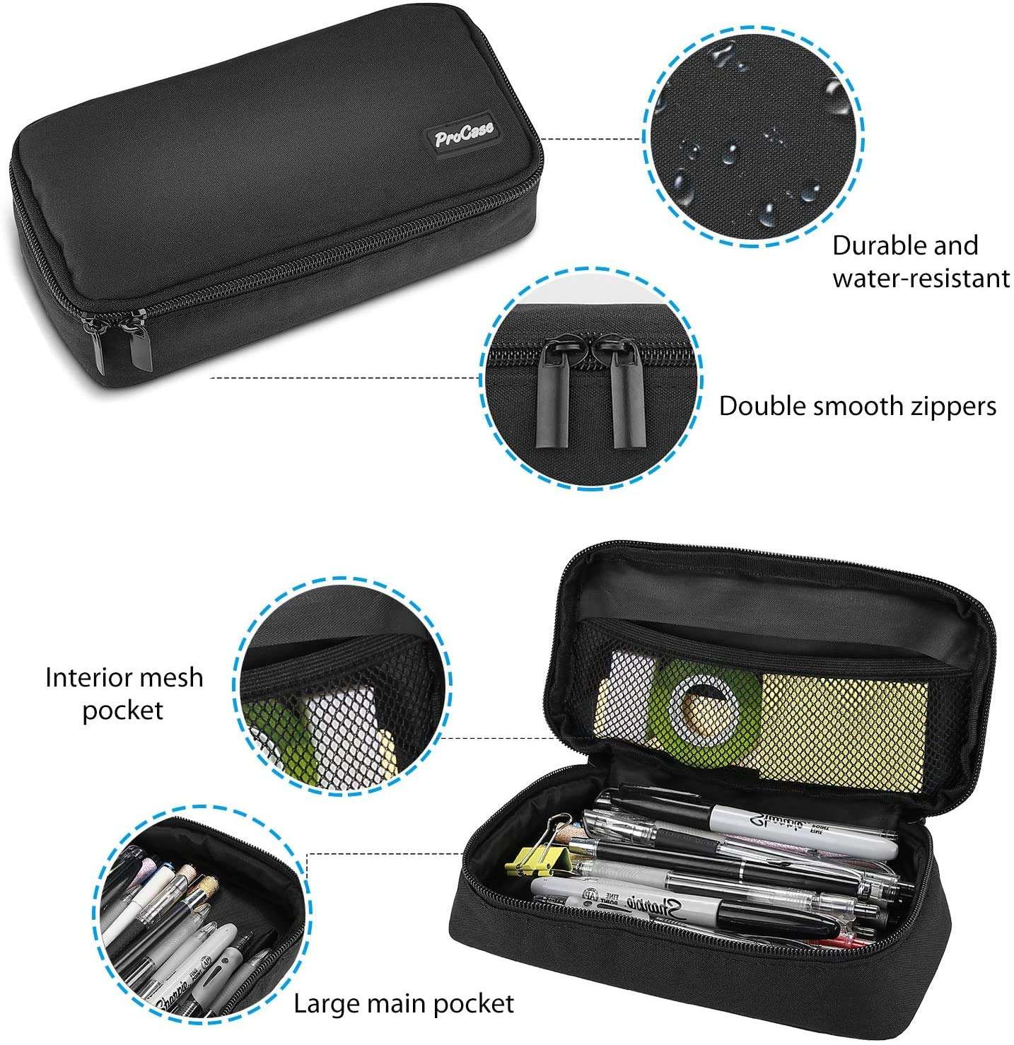 ProCase Pencil Bag Pen Case, Large Capacity Students Stationery Pouch Pencil Holder Desk Organizer with Double Zipper, Portable Pencil Pouch for School Office Supplies –Black