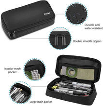 Black pencil bag shown closed with dual zipper and mesh-lined top