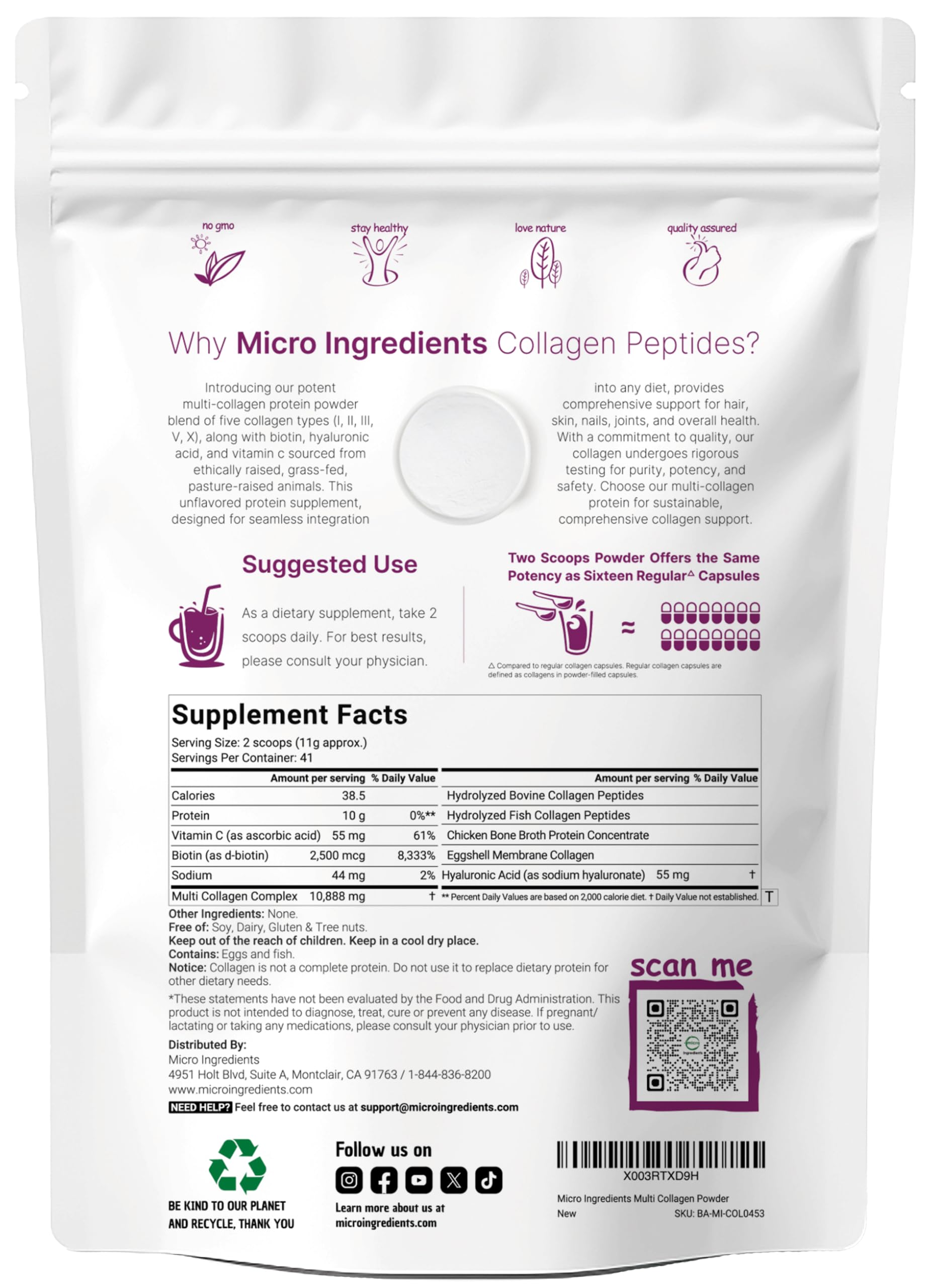 Micro Ingredients multi collagen peptides powder white resealable pouch back label with supplement facts and QR code