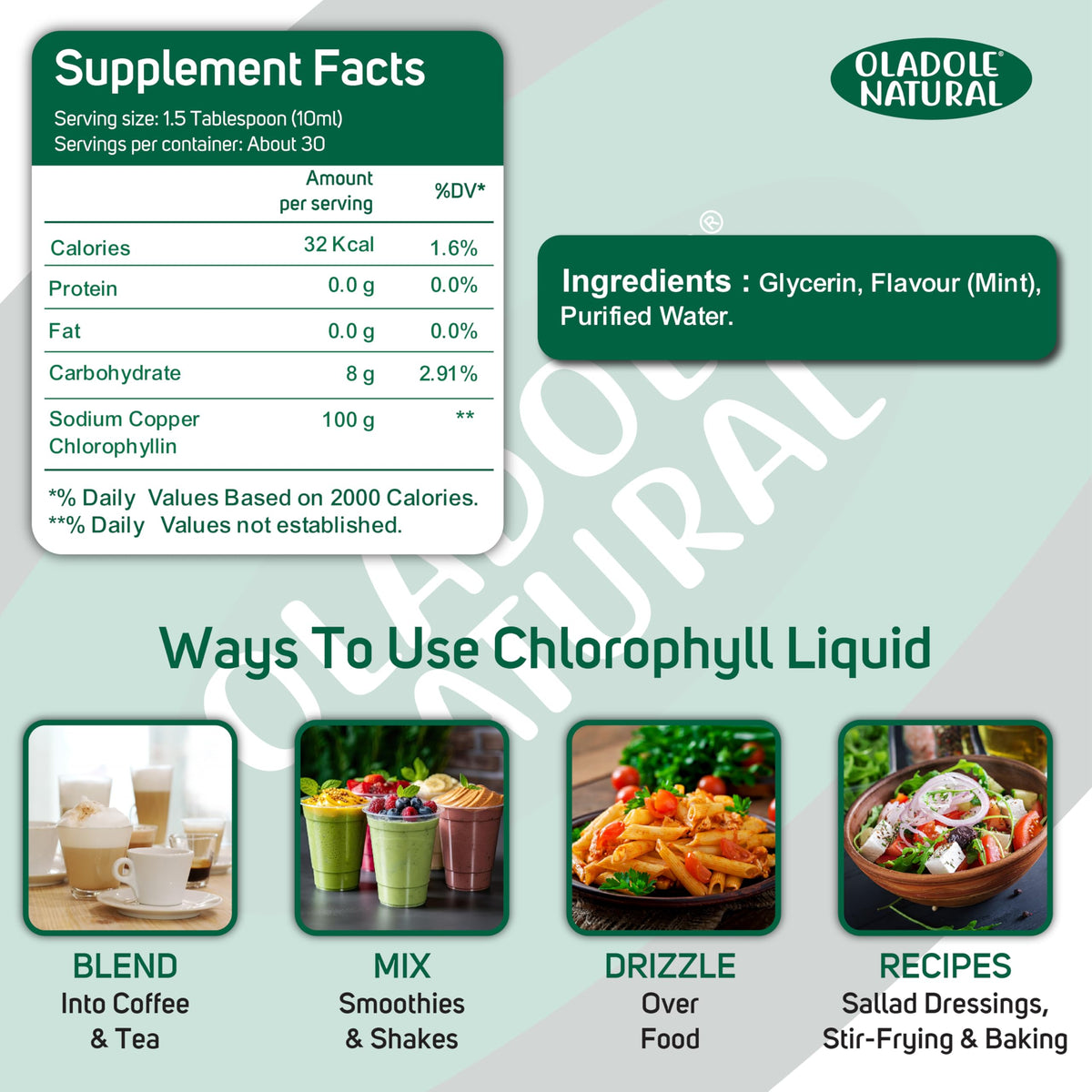 Oladole Natural Chlorophyll Liquid - 300ml Mint Flavor | Pure Green Superfood Supplement for Detox, Energy Boost, Weight Management and a Internal Deodorant | Rich in Antioxidants Non-GMO, Gluten Free