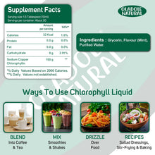 Nutrition facts and ingredients panel for liquid chlorophyll mint supplement
