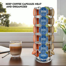 Rotating coffee capsule holder on countertop with blue and orange pods in place