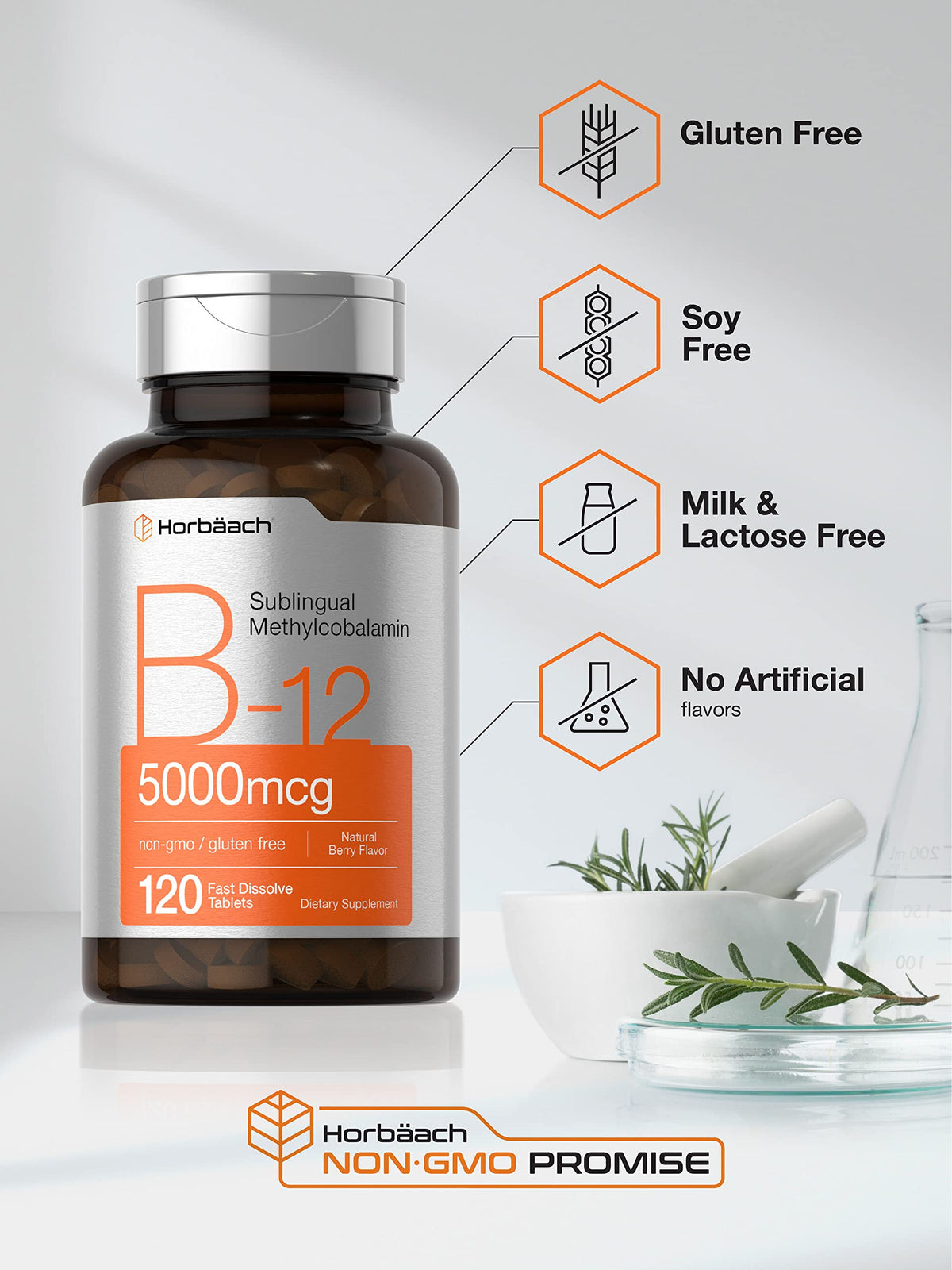 Horbäach B12 Sublingual Methylcobalamin | 5000mcg | 120 Fast Dissolve Tablets | Vegetarian, Non-GMO and Gluten Free Supplement | by Horbaach