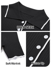 Close-up details: soft rib knit polo-neck dress with button-up placket and white buttons