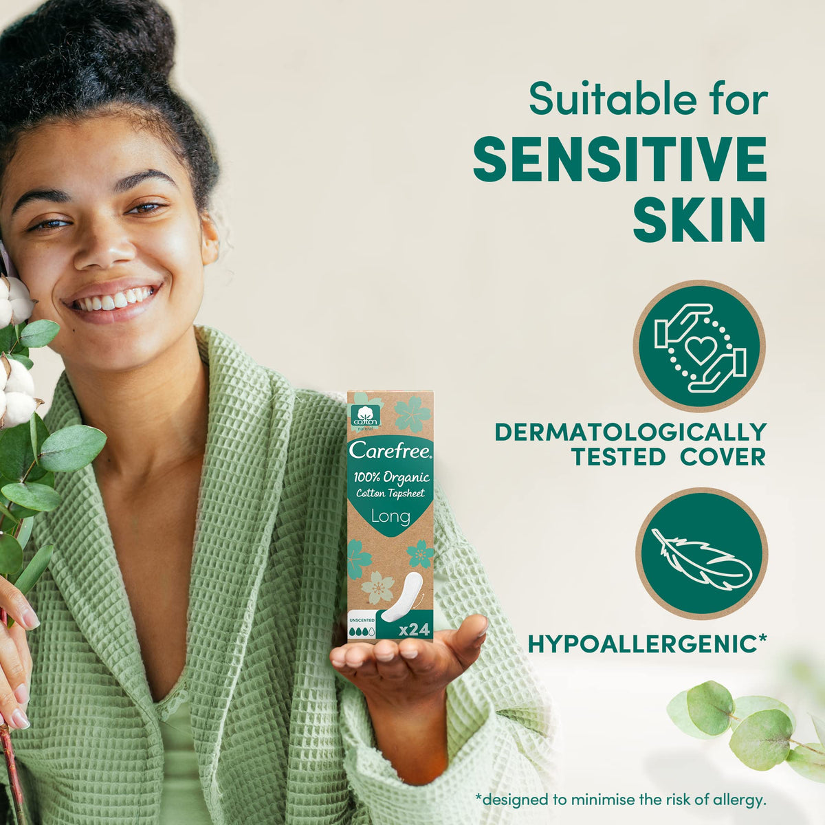 Carefree 100% Organic Cotton Liners, Dermatologically Tested, Fragrance Free, Long Size, Pack of 24, for Skin That Breathes Easily and Stays Cool & Fresh