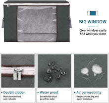 Clothes storage bag with large clear window and double zipper, dark gray fabric