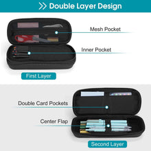Black double-layer zip pencil case interior with mesh pocket and inner flap