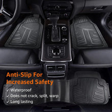 Black rubber floor mats installed in car front footwells with textured grip patterns