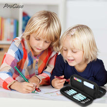 Black zip pencil pouch open with pens and papers on a desk