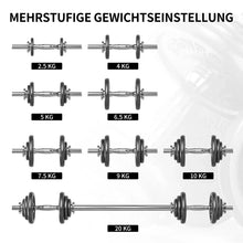 Adjustable dumbbell weight plate combinations shown for 2.5 kg to 20 kg