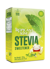 Stevia sweetener sachet box with Tropicana Slim branding and green leaf graphic