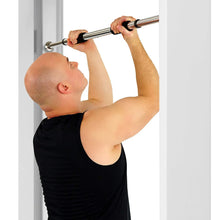 Doorway pull-up bar with black foam grips held by hands