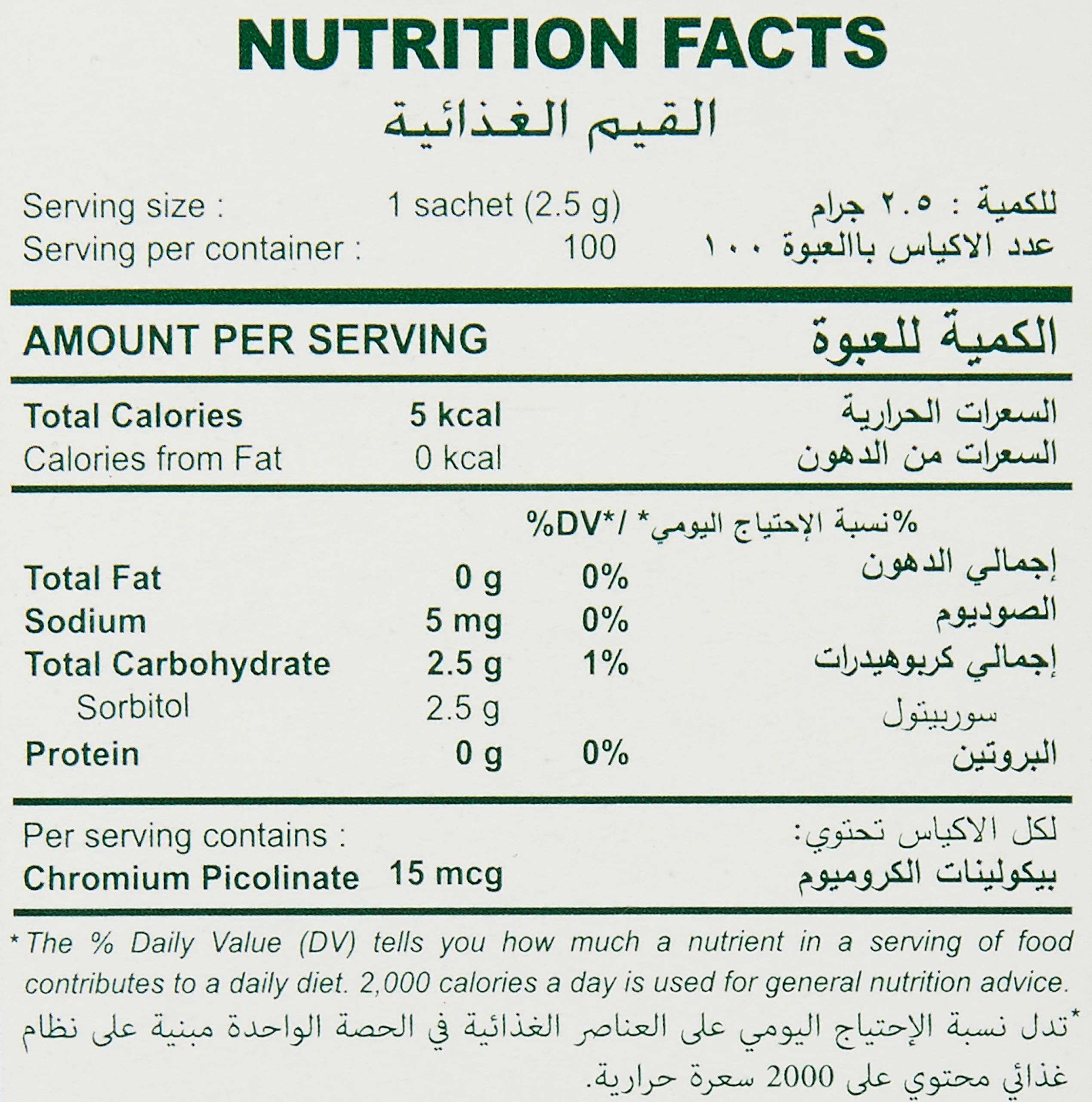 Tropicana Slim Stevia sweetener with chromium nutrition facts label showing 1 sachet serving and Chromium Picolinate 15 mcg