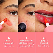 Sheer lip and cheek tint blending on cheeks and lips with foam applicator