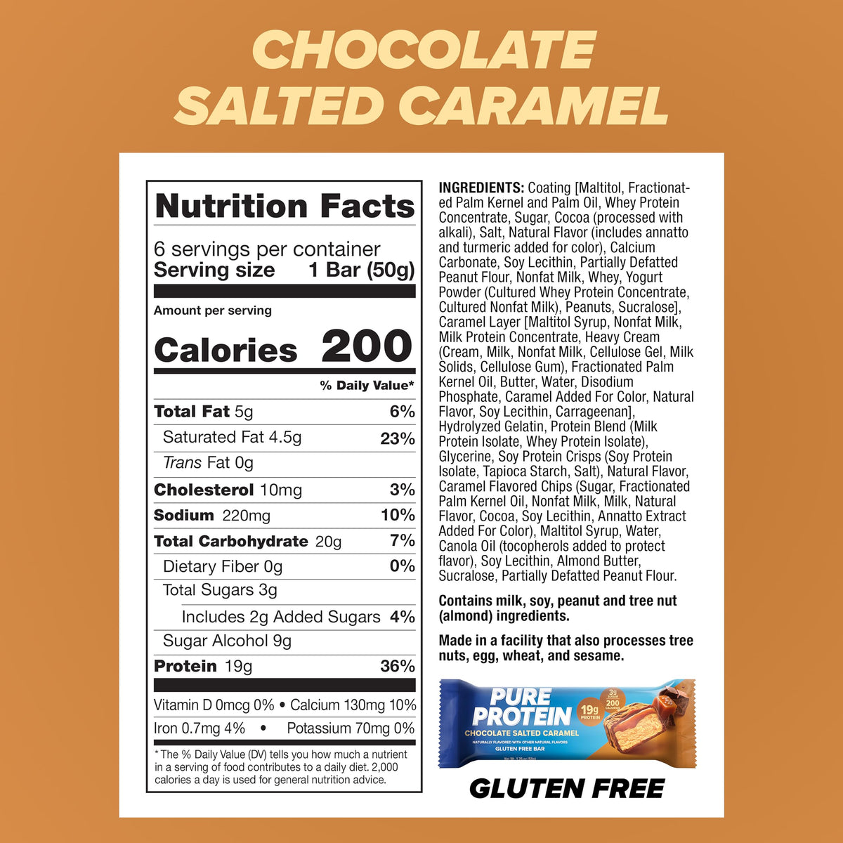 Pure Protein Chocolate Salted Caramel Bar (50 Grams x Box of 6pcs) | With 19g Protein + 200 Calories In Each Serve | Healthy Snacking | Gluten Free | 300 Grams