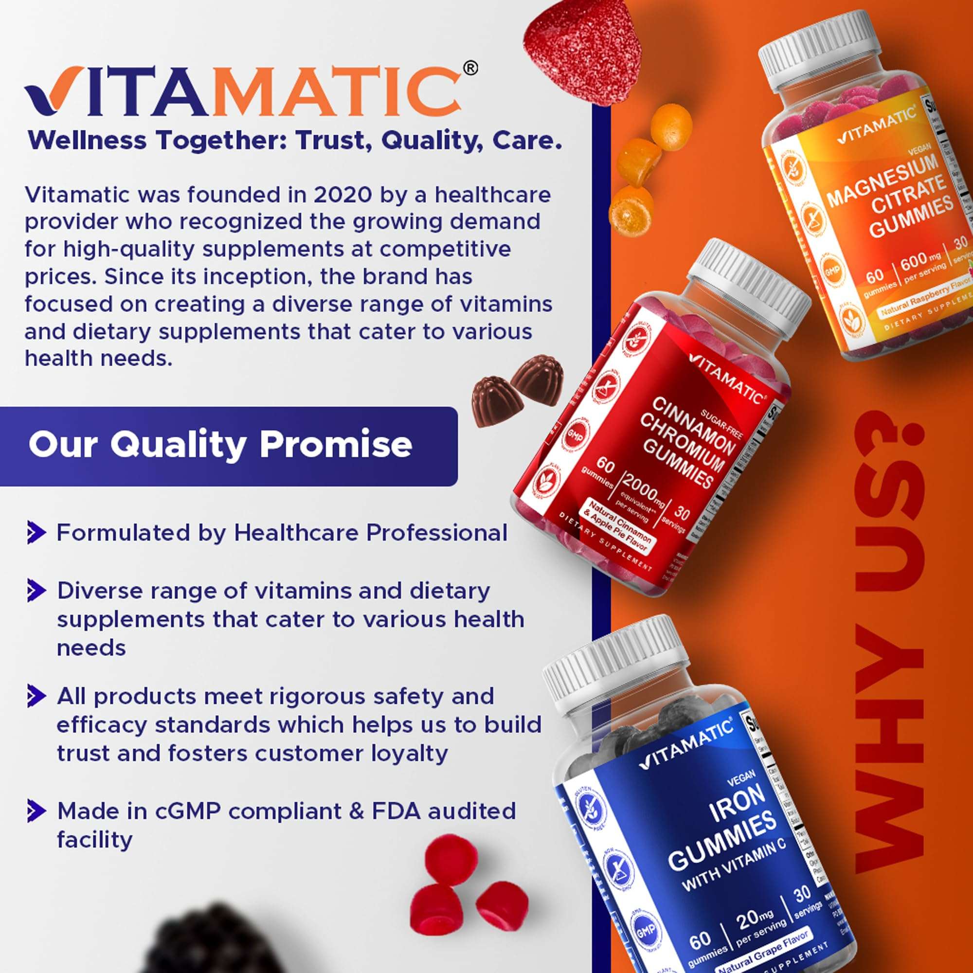 Vitamatic Magnesium Gummies 600mg per Serving - 60 Vegan Gummies - Promotes Healthy Relaxation, Muscle, Bone, & Energy Support