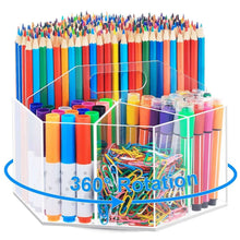 Clear acrylic 360° rotating pen holder with six compartments, filled with colored pencils