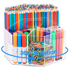 Marbras Acrylic Pen Holder, 360 Degree Rotating Clear Pen Organizer for Desk with 6 Compartments, Holds Over 600 Pencils, Stationery Organizer for Office, School, Home, and Art Supplies