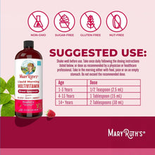 MaryRuths Liquid Morning Multivitamin bottle with suggested use dosing chart