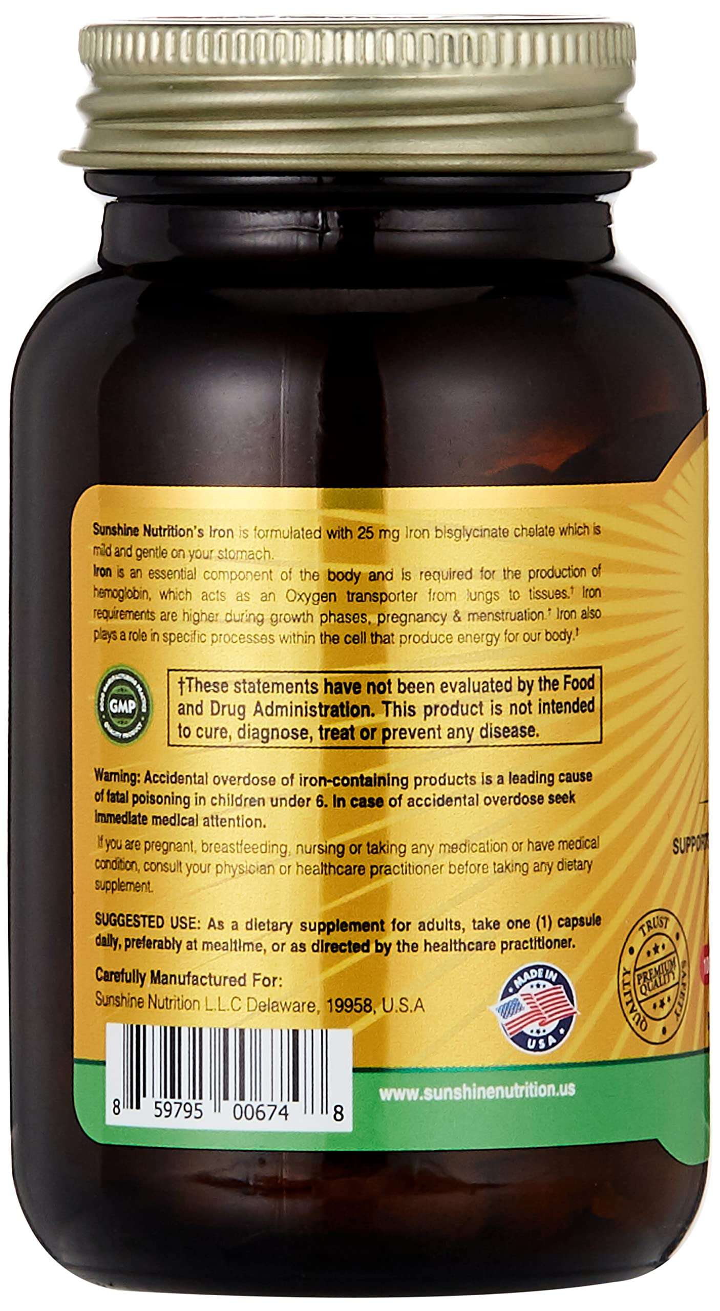 Sunshine Nutrition Iron 25 Mg, 100 Capsules | Supports Red Blood Cell Production | Gentle On Stomach & Non-Constipating