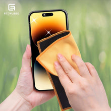 Double-sided cleaning cloth, yellow microfiber with dark gray suede, wiping a phone