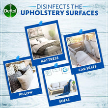 Upholstery surface disinfection infographic with Dettol logo and mattress, sofa, pillow cards
