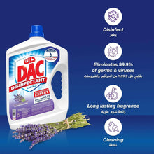 Disinfectant floor cleaner bottle with blue cap and lavender scent, DAC label