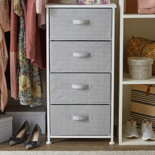 4-drawer fabric storage organizer with white frame and grey fabric drawers