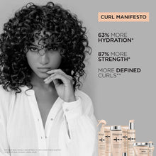 Curly hair model with multiple curl spray bottles and hydrating strength callouts