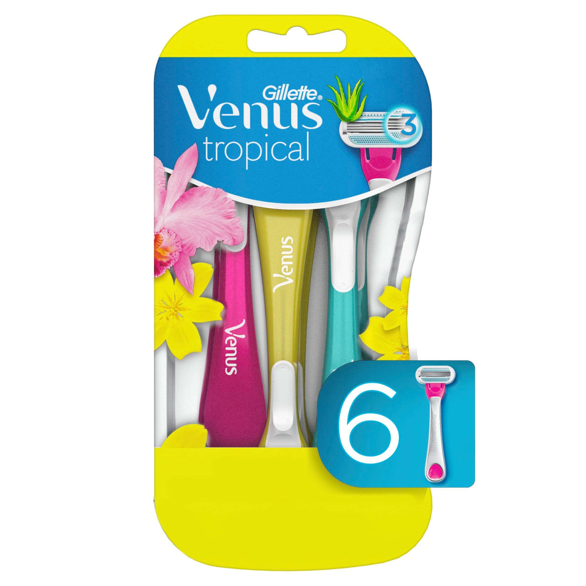 Gillette Venus Tropical women's razors six pack disposable colorful handles with three blade cartridges