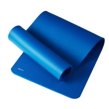 Blue exercise mat folded and rolled, showing ribbed underside