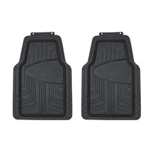 Black rubber car floor mat pair with molded channels and raised edges
