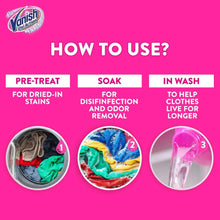 Laundry stain remover usage infographic with three step circles and pink bottle