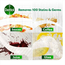 Floor cleaner benefits panel showing stain removal categories: sauces, coffee, juice, ghee