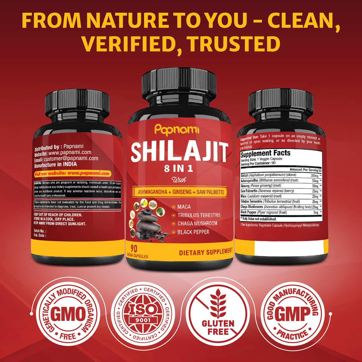 Shilajit Extract Capsules equivalent to 6550mg & Ashwagandha, Ginseng, Saw Palmetto, Maca, Tribulus, Chaga, Pepper | Trace Minerals Fulvic Acid|Immune Support, Brain Boost Supplement, 3 Months Supply