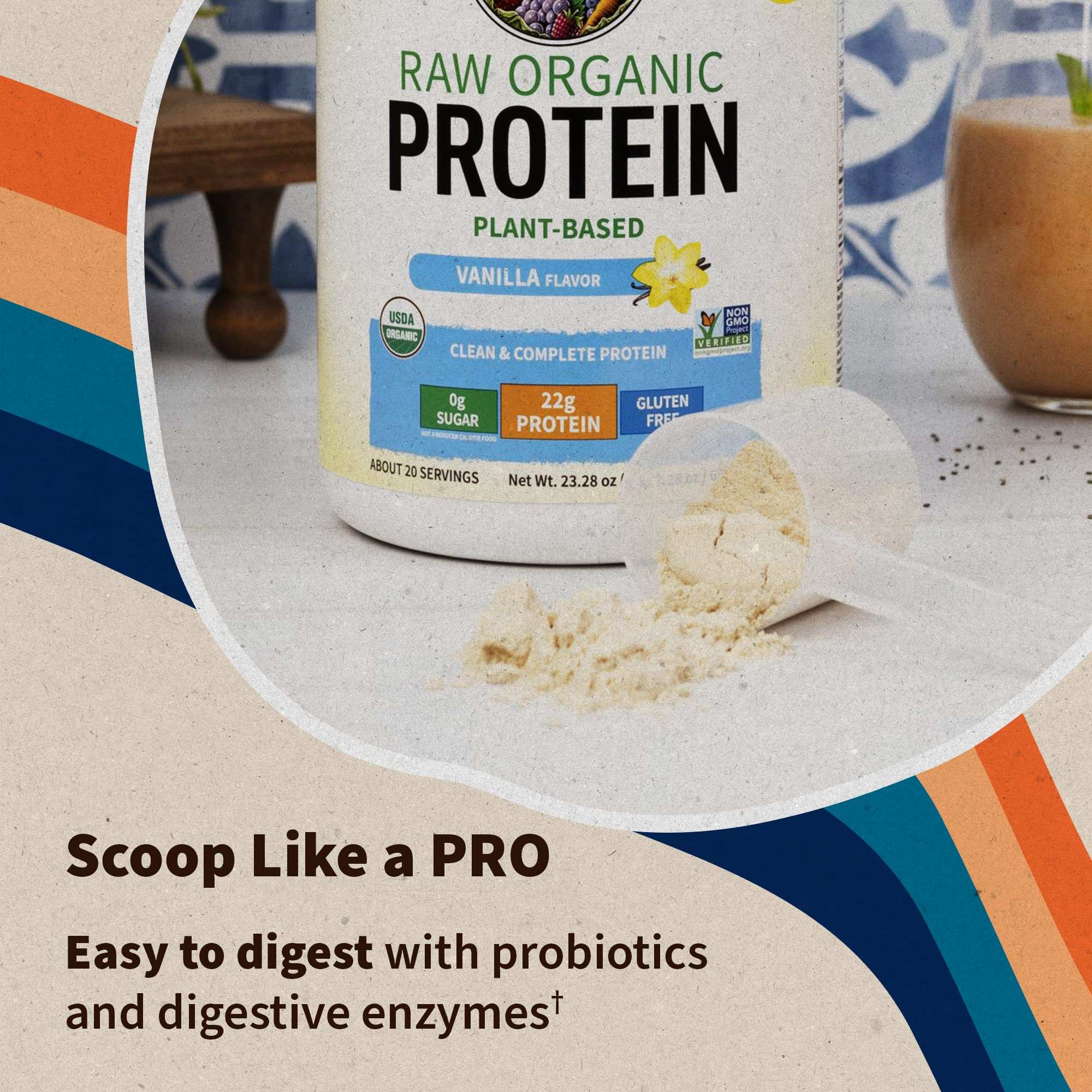 Garden of Life Raw Organic Protein Vanilla Powder, 20 Servings - Certified Vegan, Gluten Free, Organic, Non-Gmo, Plant Based Sugar Free Protein Shake With Probiotics & Enzymes, 4G Bcaas, 22G Protein