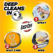 Oven cleaner label with 3-step use: spray, wait 3 min, and wipe