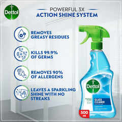 Dettol Glass Cleaner for a brilliant shine, helps remove grease deposits, Trigger Spray Bottle, 500ml, (Packaging may vary)