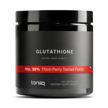 Glutathione dietary supplement jar with black lid, labeled 120 capsules, ultra high purity