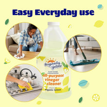 All-purpose vinegar cleaner bottle on use guide with floor mopping and surface cleaning photos